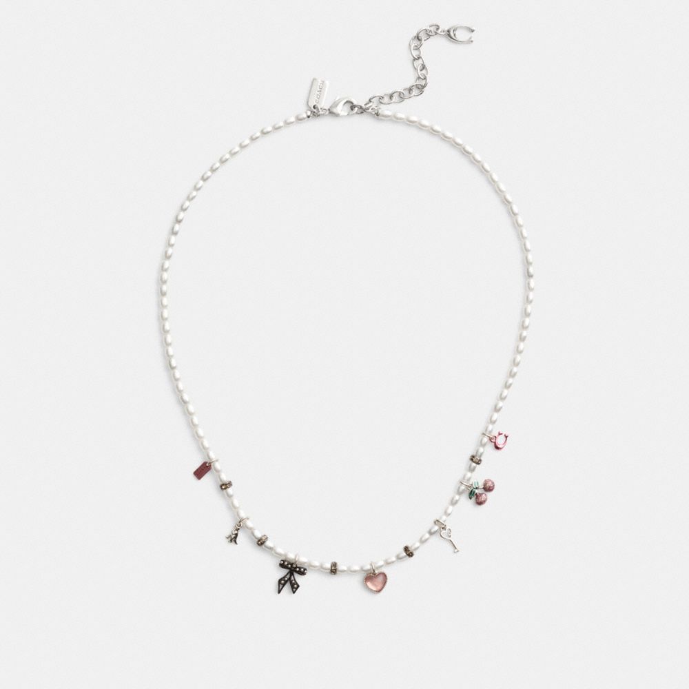 Shop Coach Mini Bow Charms Pearl Necklace In Silver/pearl Multi