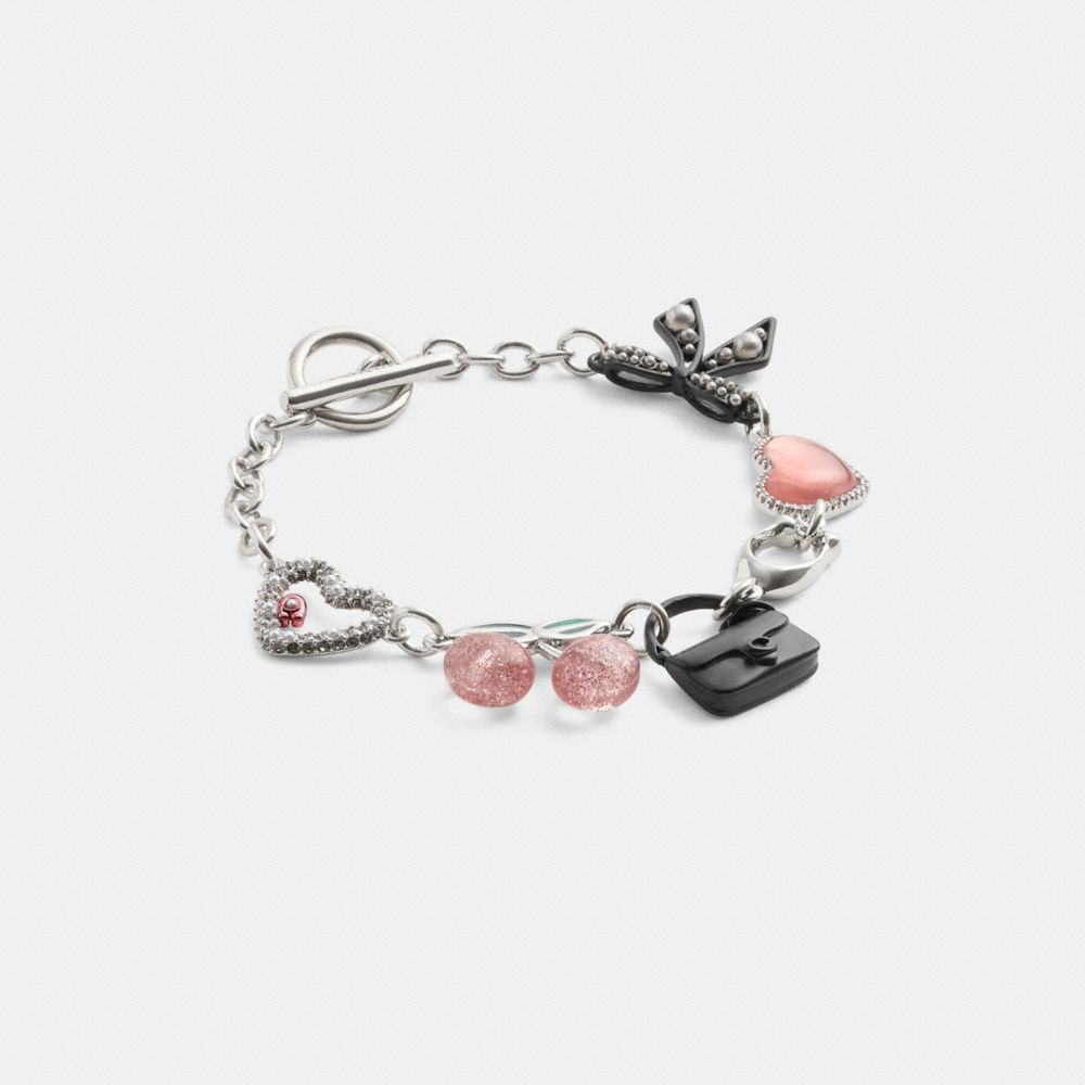 COACH®,Bow And Heart Charm Bracelet,Resin,Enamel,Glass,Cubic Zirconia,Crystal,Bow,Gem Embellishment,Novelty Embellishment,...,Multi Color,Front View