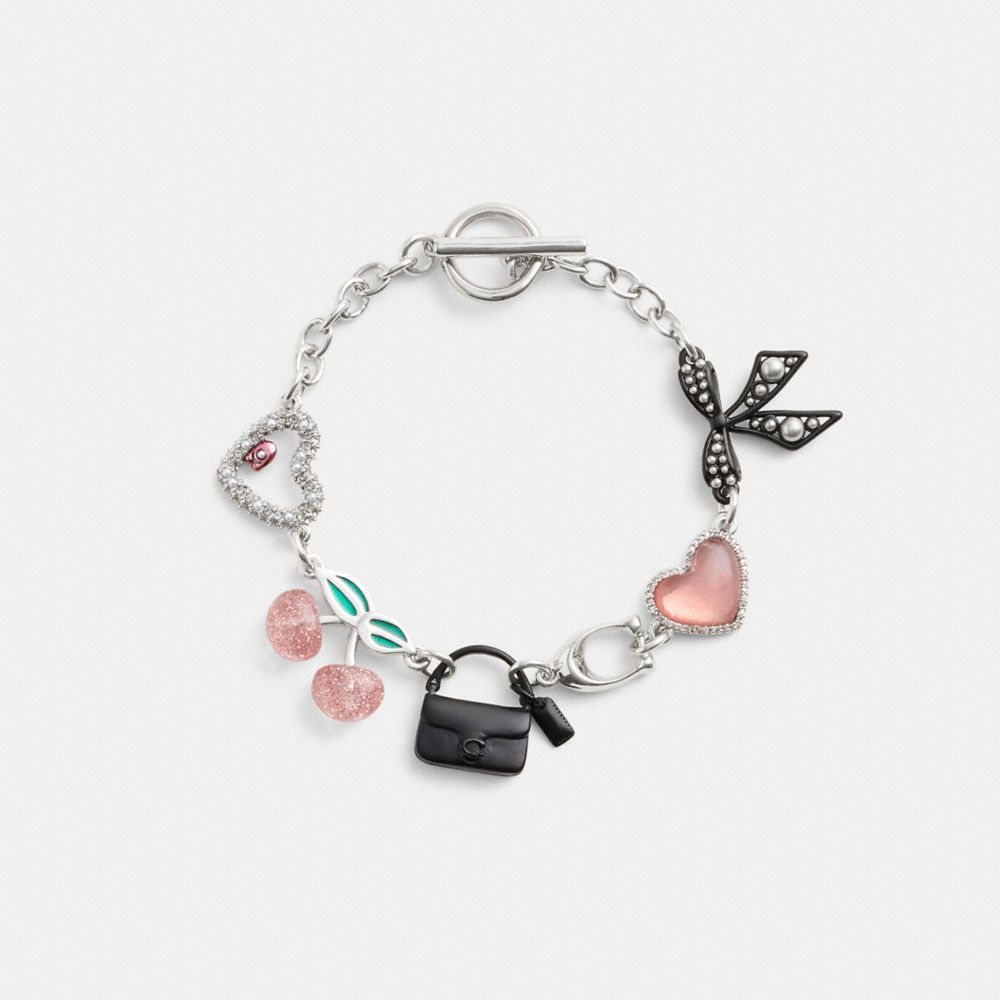 COACH®,Bow And Heart Charm Bracelet,Resin,Enamel,Glass,Cubic Zirconia,Crystal,Bow,Gem Embellishment,Novelty Embellishment,...,Multi Color,Inside View,Top View