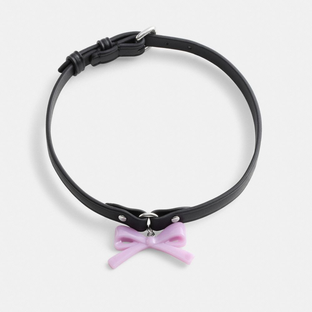 COACH®,Bow Charm Leather Choker,Leather,Choker,Cubic Zirconia,Resin,Studded,Day Party,Black,Front View