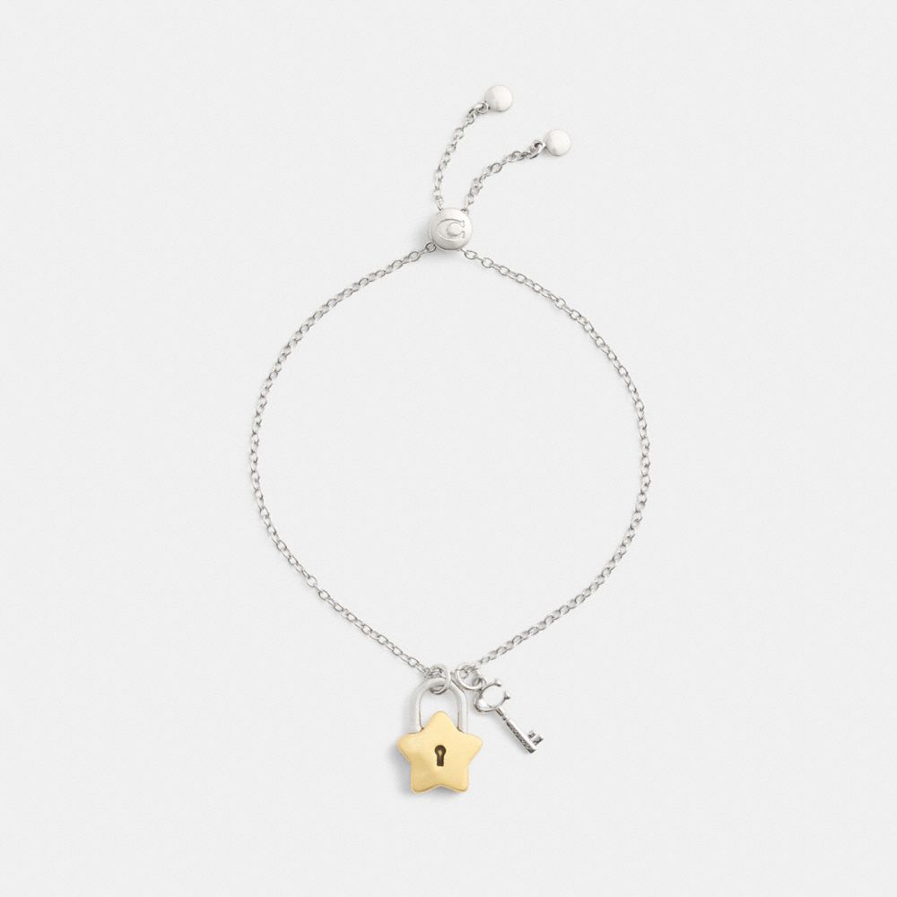 COACH®,Star Padlock And Key Slider Bracelet,Cubic Zirconia,3D Embellishment,Novelty Embellishment,Brass,Casual,,Inside View,Top View