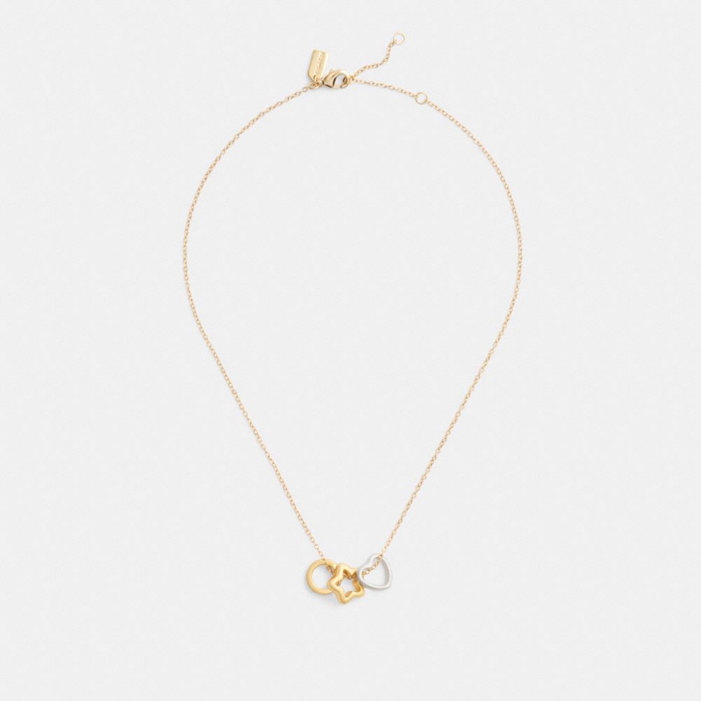 COACH®,Star Rondell Necklace,Single Strand,Cubic Zirconia,Glass,Circle,Star Embellishment,Heart Embellishment,Brass,Casual,,Inside View,Top View