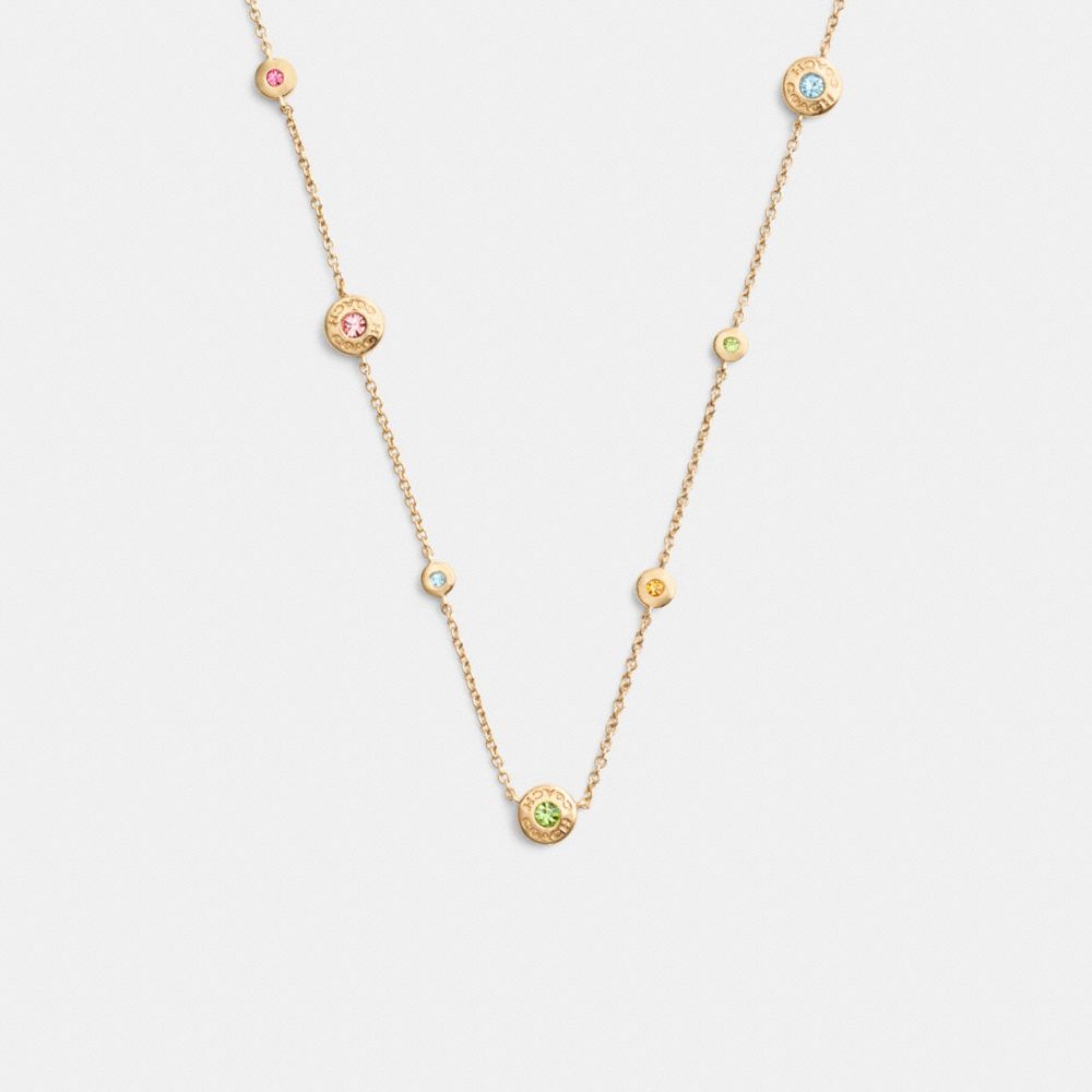 COACH®,Open Circle Necklace,Single Strand,Glass,Cubic Zirconia,Gem Embellishment,Brass,Casual,Multi Color,Front View