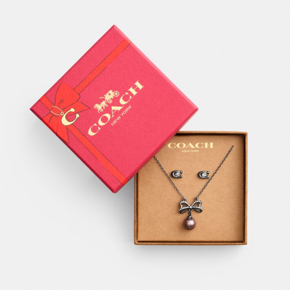 COACH®,Bow Pearl Necklace And Earrings Set,Multi Color,Clear,Front View