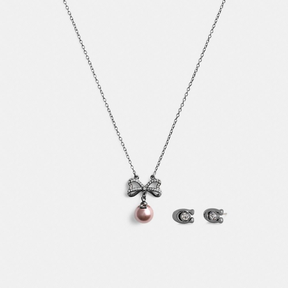 COACH®,Bow Pearl Necklace And Earrings Set,Multi Color,Clear,Inside View,Top View