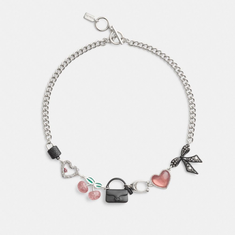 COACH®,Bow And Heart Charm Necklace,Single Strand,Pearl,Cubic Zirconia,Glass,Enamel,Resin,Crystal,Gem Embellishment,Bow,Lo...,Multi Color,Inside View,Top View