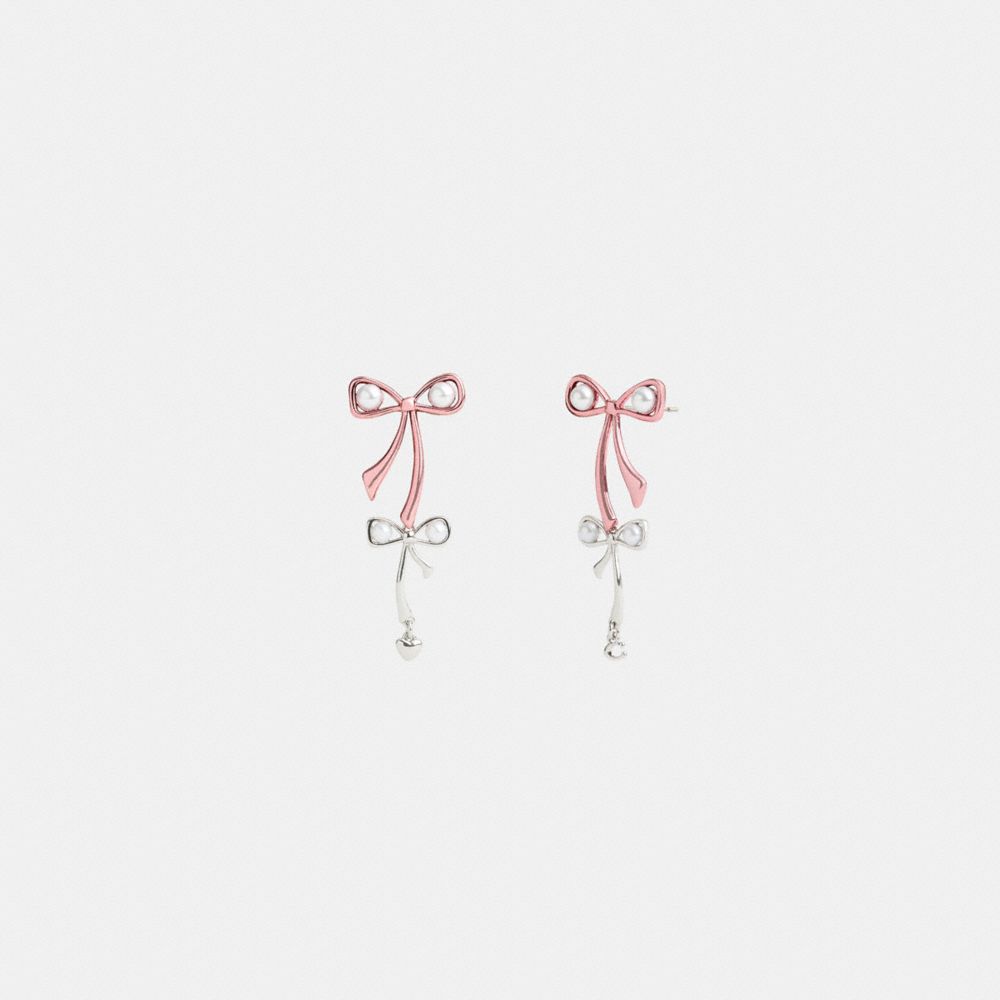 COACH®,Double Bow Pearl Drop Earrings,Dangle Earring,Cubic Zirconia,Pearl,Glass,Resin,Bow,Pearl,Logo,Lettering Word,Titani...,White,Front View