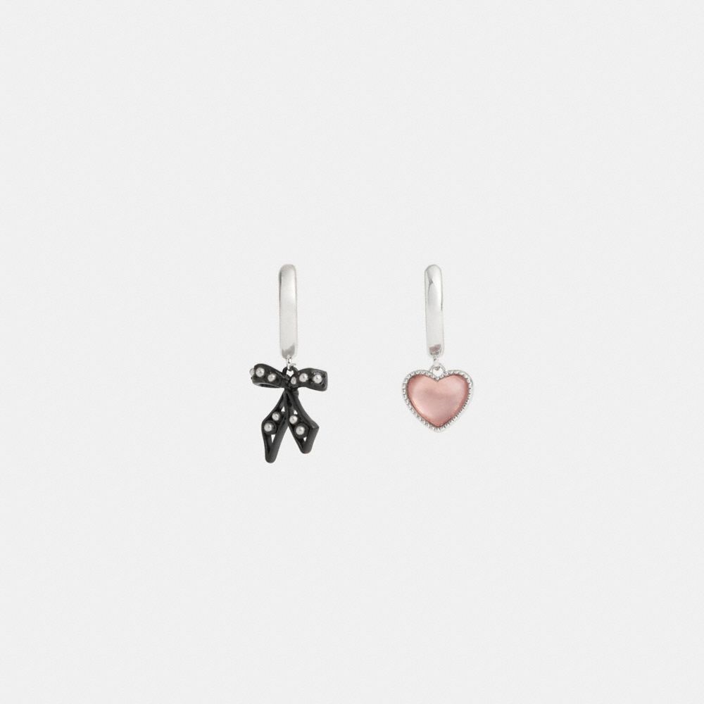COACH®,Bow And Heart Mismatch Huggie Earrings,Dangle Earring,Hoops,Huggies,Cubic Zirconia,Glass,Resin,Pearl,Crystal,Bow,Pe...,Multi Color,Inside View,Top View