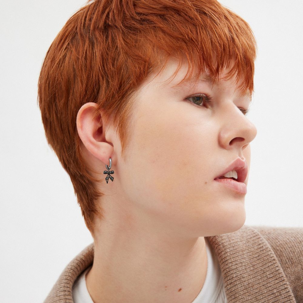 COACH®,Bow And Heart Mismatch Huggie Earrings,Dangle Earring,Hoops,Huggies,Cubic Zirconia,Glass,Resin,Pearl,Crystal,Bow,Pe...,Multi Color,Detail View