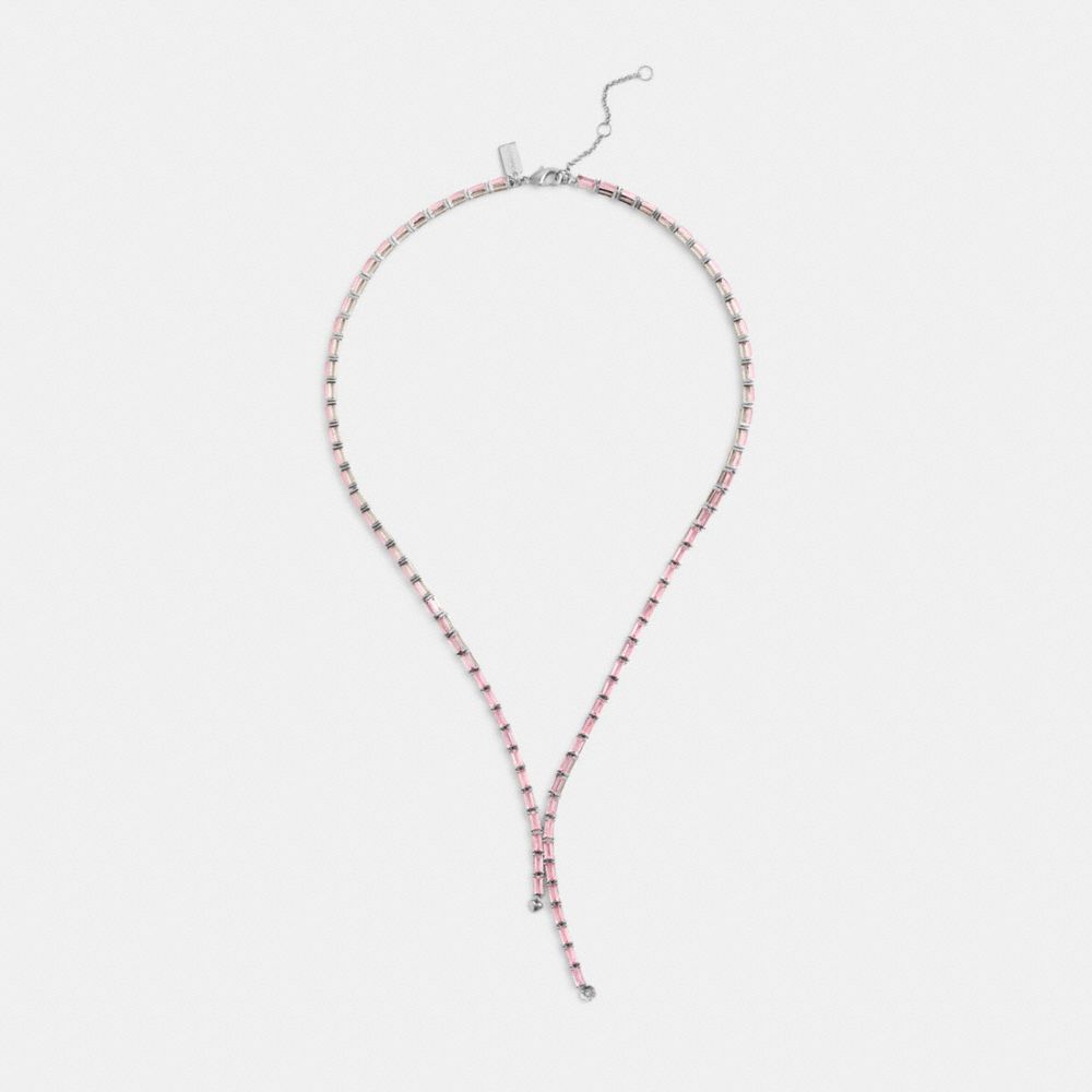 COACH®,Tennis Y Necklace,Lariat,Glass,Cubic Zirconia,Crystal,Floral Embellishment,Gem Embellishment,Heart Embellishment,Ca...,Pink,Inside View,Top View