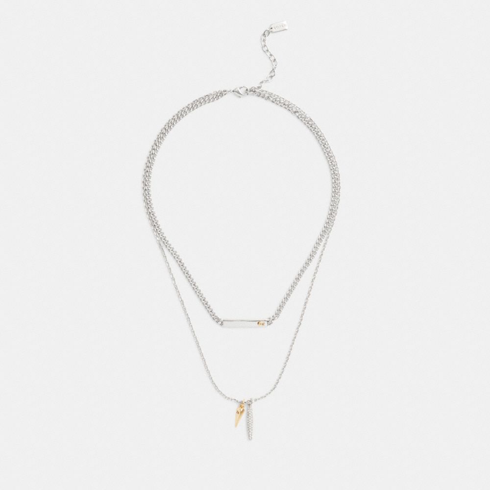 COACH®,Pavé Spike Layered Necklace,Layered,Cubic Zirconia,Glass,Bar Embellishment,Gem Embellishment,Lettering Word,Logo,Da...,Clear,Inside View,Top View