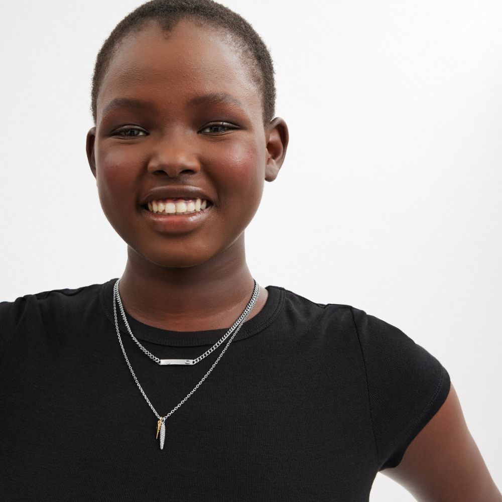 COACH®,Pavé Spike Layered Necklace,Layered,Cubic Zirconia,Glass,Bar Embellishment,Gem Embellishment,Lettering Word,Logo,Da...,Clear,Detail View