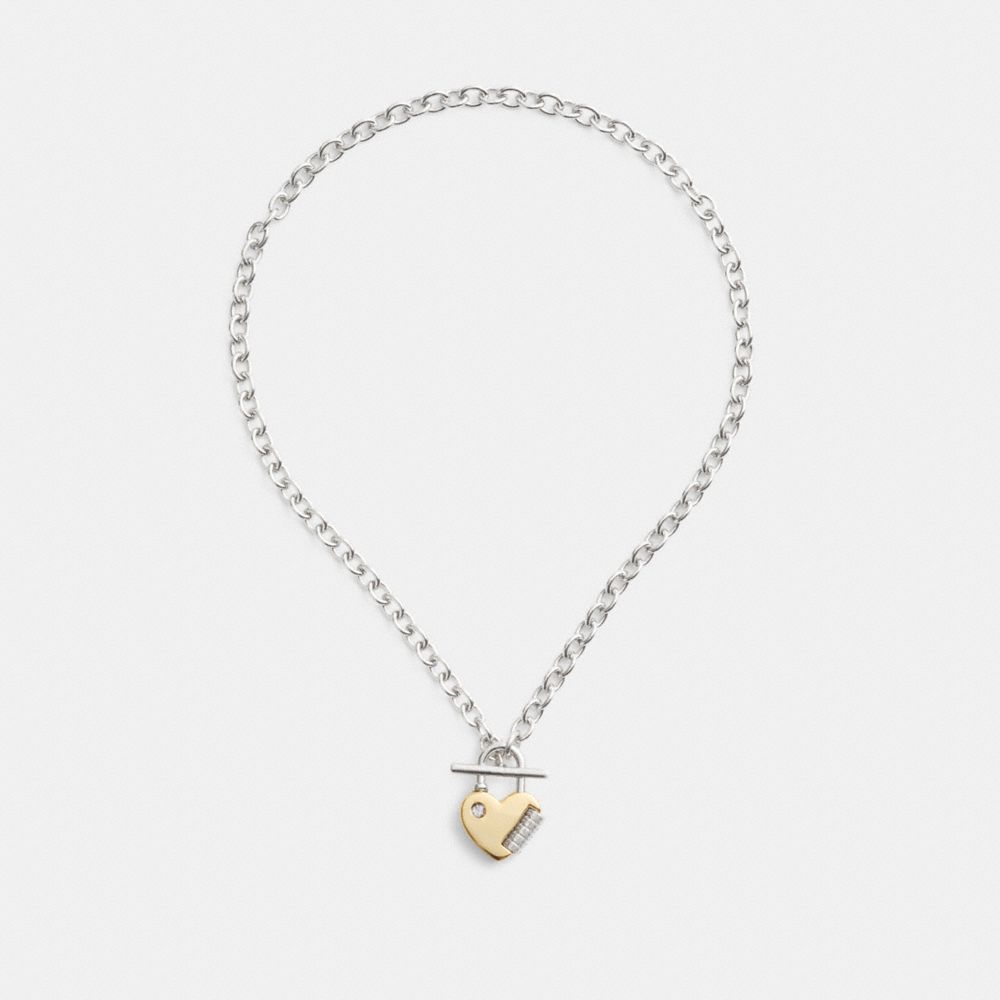 COACH®,Heart Padlock Chain Necklace,Single Strand,Cubic Zirconia,Glass,Crystal,Gem Embellishment,Mixed Metal,Casual,Clear,Inside View,Top View