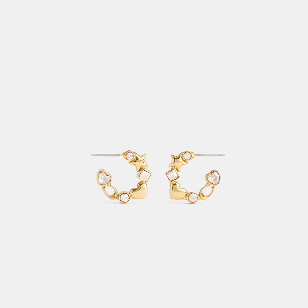 COACH®,Star Heart Mix Huggie Earrings,Hoops,Huggies,Crystal,Cubic Zirconia,Glass,Gem Embellishment,Heart Embellishment,Let...,Clear,Inside View,Top View