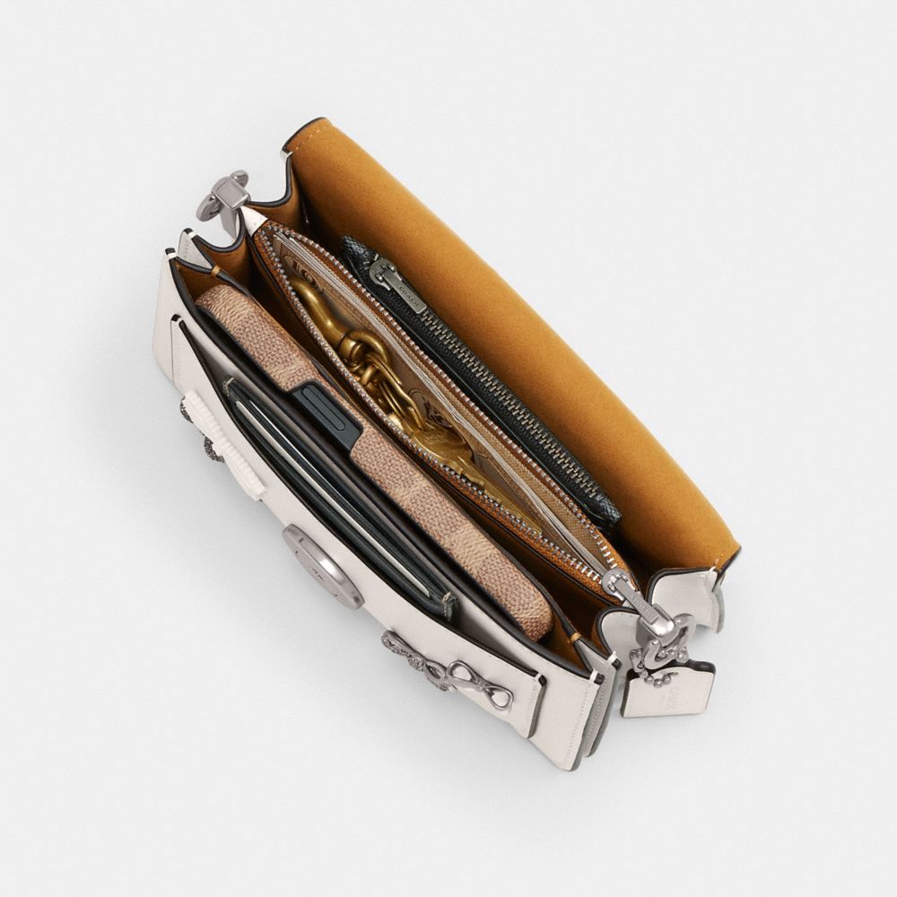 COACH®,Tabby Shoulder Bag 20 With Bows,Leather,Shoulder Bag,Bow,Metal,Rhinestones,Logo,Silver Metal,Day Party,Party,White,Inside View, Top View
