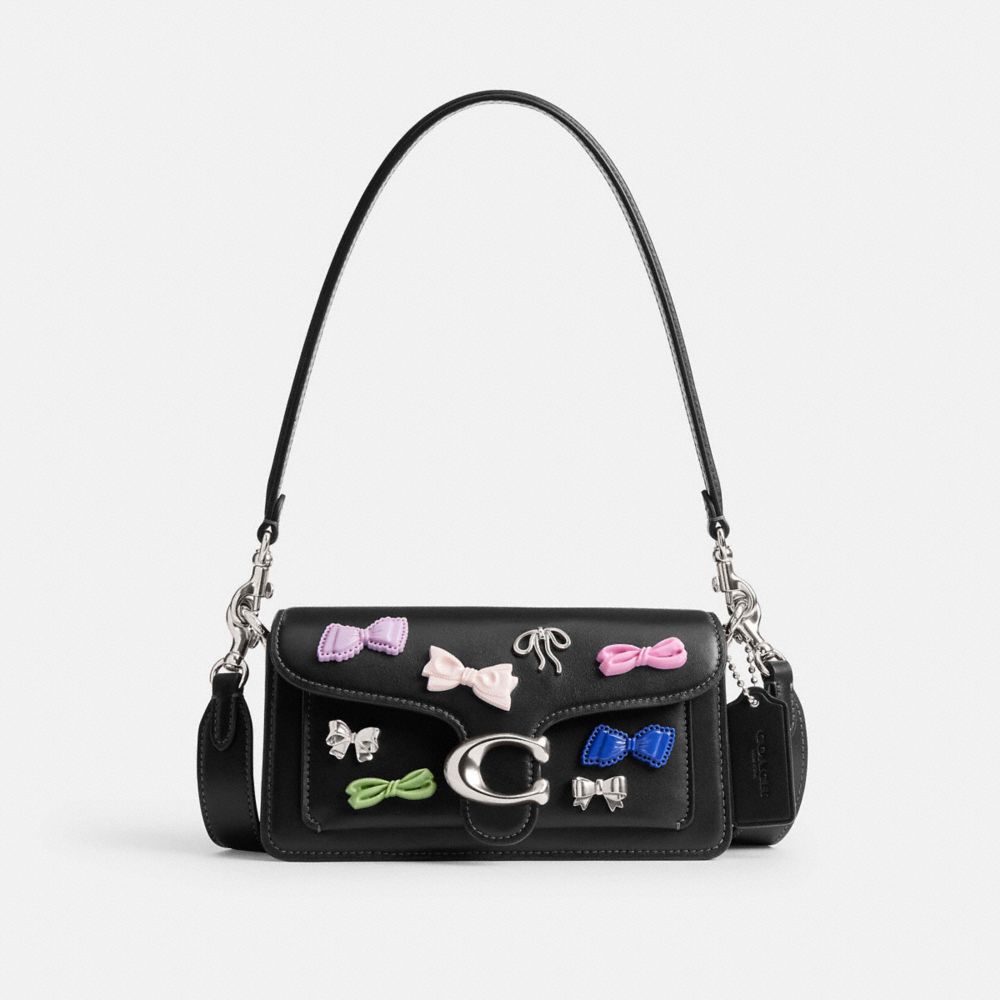 COACH®,Tabby Shoulder Bag 20 With Bows,Leather,Shoulder Bag,Bow,Metal,Rhinestones,Logo,Silver Metal,Day Party,Party,Black,Front View