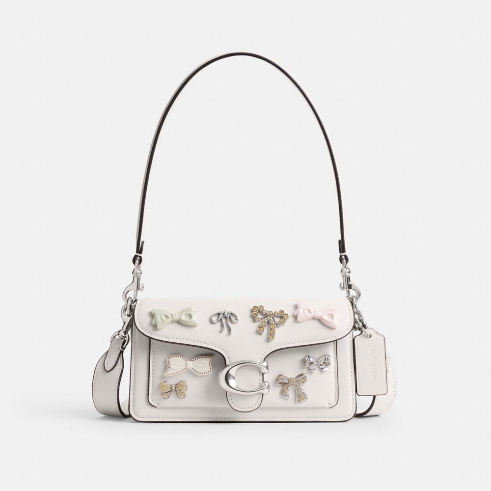 COACH®,Tabby Shoulder Bag 20 With Bows,Leather,Shoulder Bag,Bow,Metal,Rhinestones,Logo,Silver Metal,Day Party,Party,White,Front View