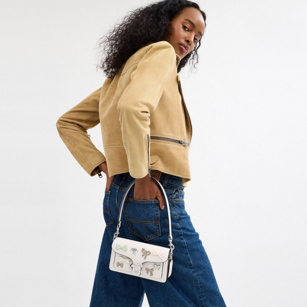 COACH®,Tabby Shoulder Bag 20 With Bows,Leather,Shoulder Bag,Bow,Metal,Rhinestones,Logo,Silver Metal,Day Party,Party,White,Detail View