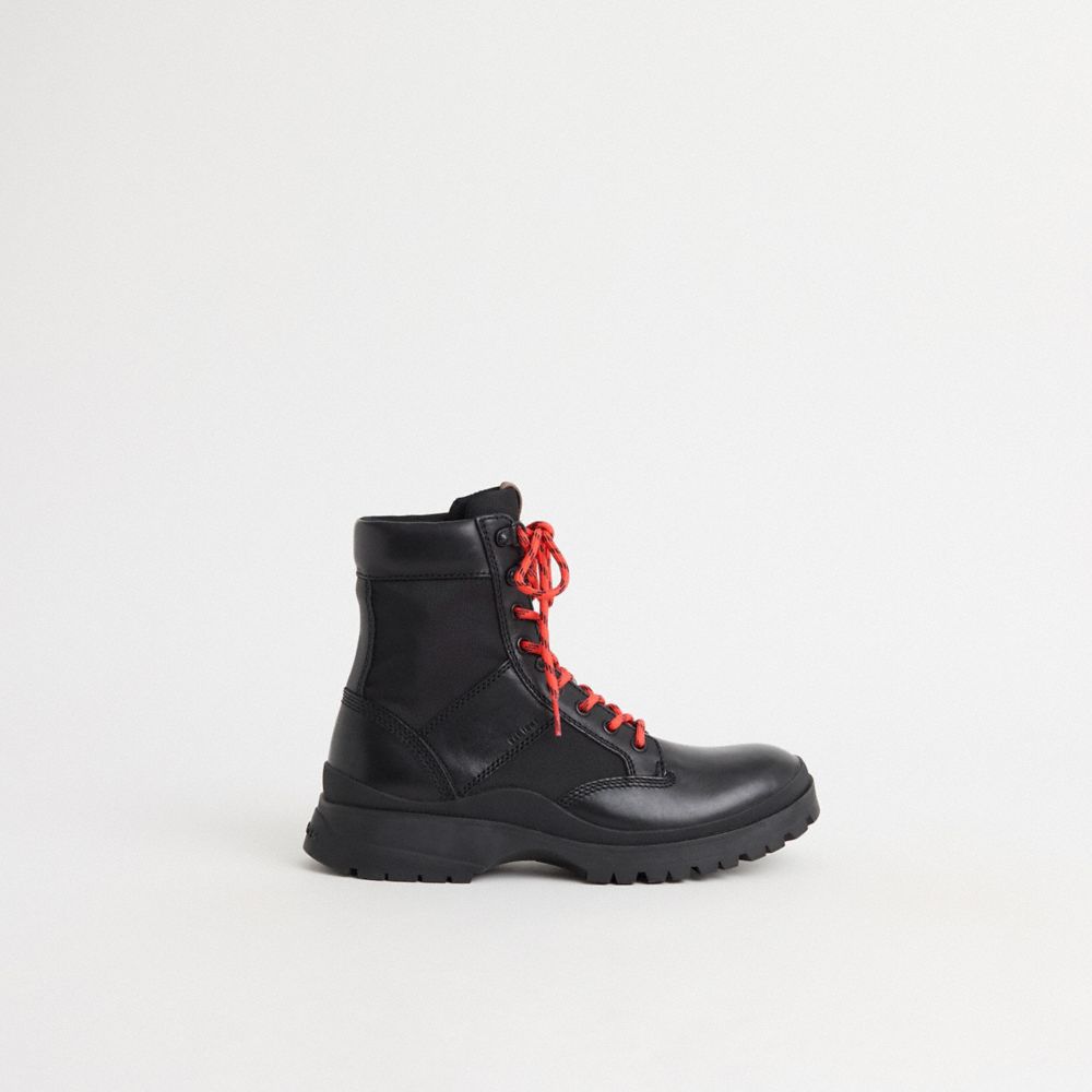 COACH®,Restored Utility Boot,Leather,Rubber,Combat,Color Block,Mixed Media,Traction,Water Repellent,Outdoor,,Front View