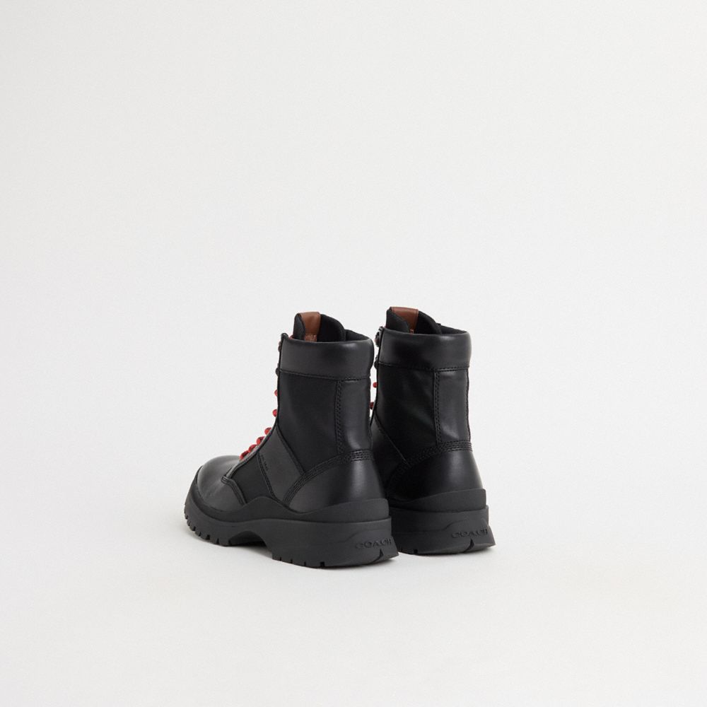 COACH®,Restored Utility Boot,Leather,Rubber,Combat,Color Block,Mixed Media,Traction,Water Repellent,Outdoor,Black,Back View