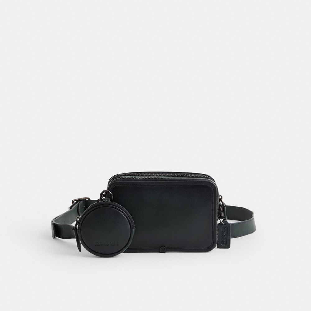 COACH®,Restored Charter Crossbody With Hybrid Pouch,Leather,Crossbody,Coin,Embossed,Logo,Casual,Black,Front View