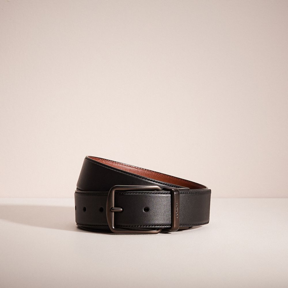 COACH®,RESTORED HARNESS BUCKLE CUT-TO-SIZE REVERSIBLE BELT, 38MM,Black/Saddle,Front View