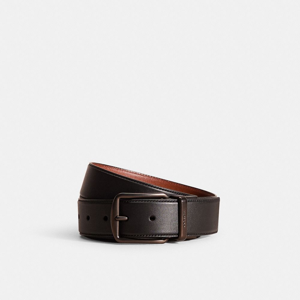 COACH®,RESTORED HARNESS BUCKLE CUT-TO-SIZE REVERSIBLE BELT, 38MM,Black/Saddle,Front View