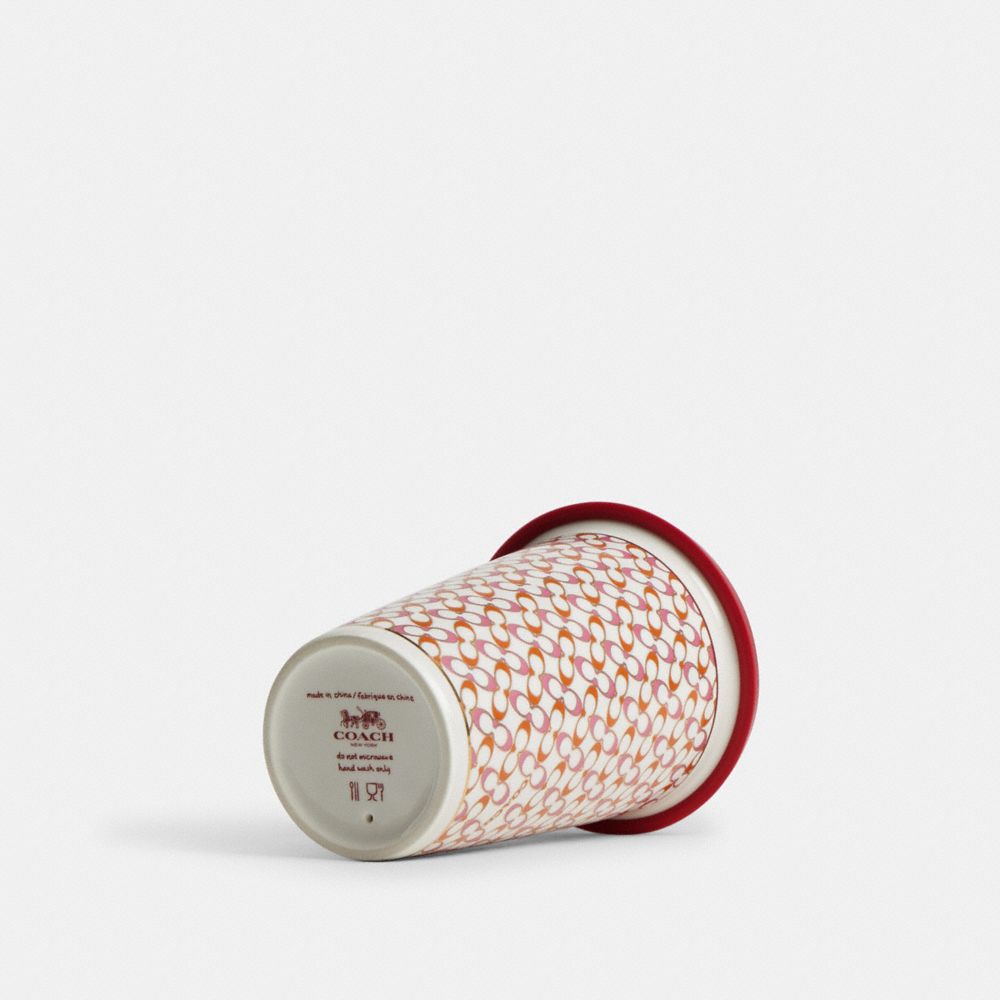 COACH®,Signature Hot Lidded Cup,Tumbler,Ceramic,Silicone,Monogram Embellishment,Logo,Graphic,Gold Embellishment,Red,Back View