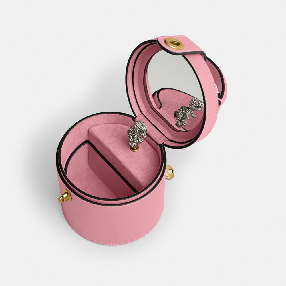 COACH®,Jewelry Box,Jewelry Box,Leather,Rhinestones,Metal,Mirror Included,Brass,Pink,Interior View