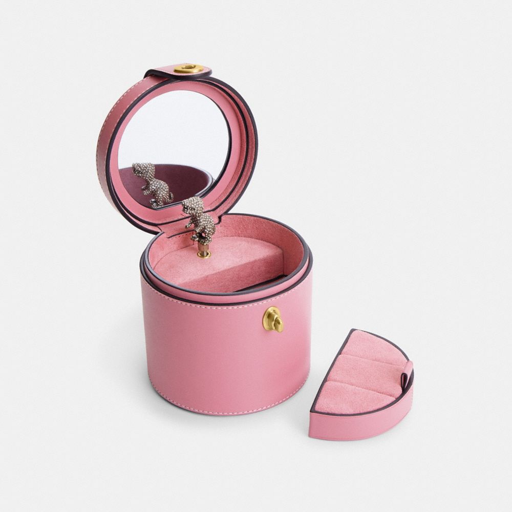 COACH®,Jewelry Box,Jewelry Box,Leather,Rhinestones,Metal,Mirror Included,Brass,Pink,Closer View