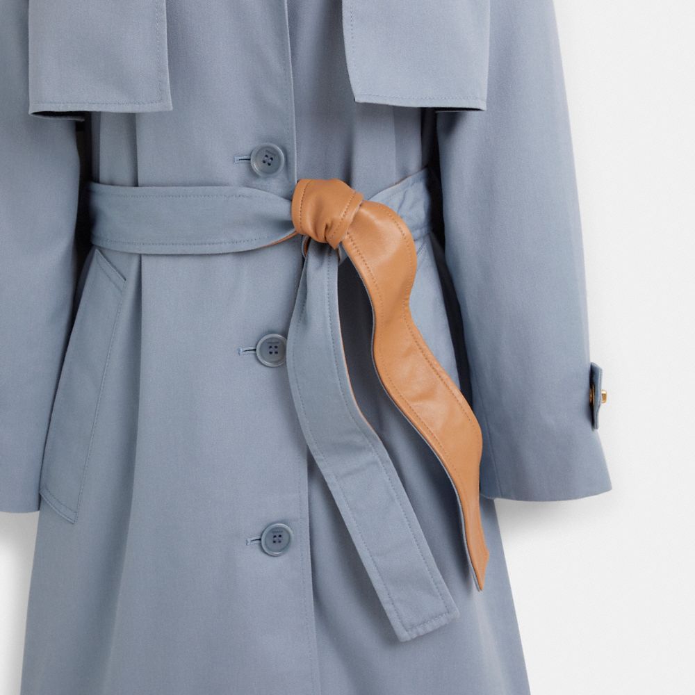 COACH®,Restored Minimal Trench Coat,Polyester,Leather,Cotton,Trench,Button,Tie Belt,Work,Blue,Scale View