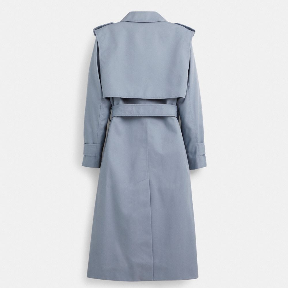 COACH®,Restored Minimal Trench Coat,Polyester,Leather,Cotton,Trench,Button,Tie Belt,Work,Blue,Back View