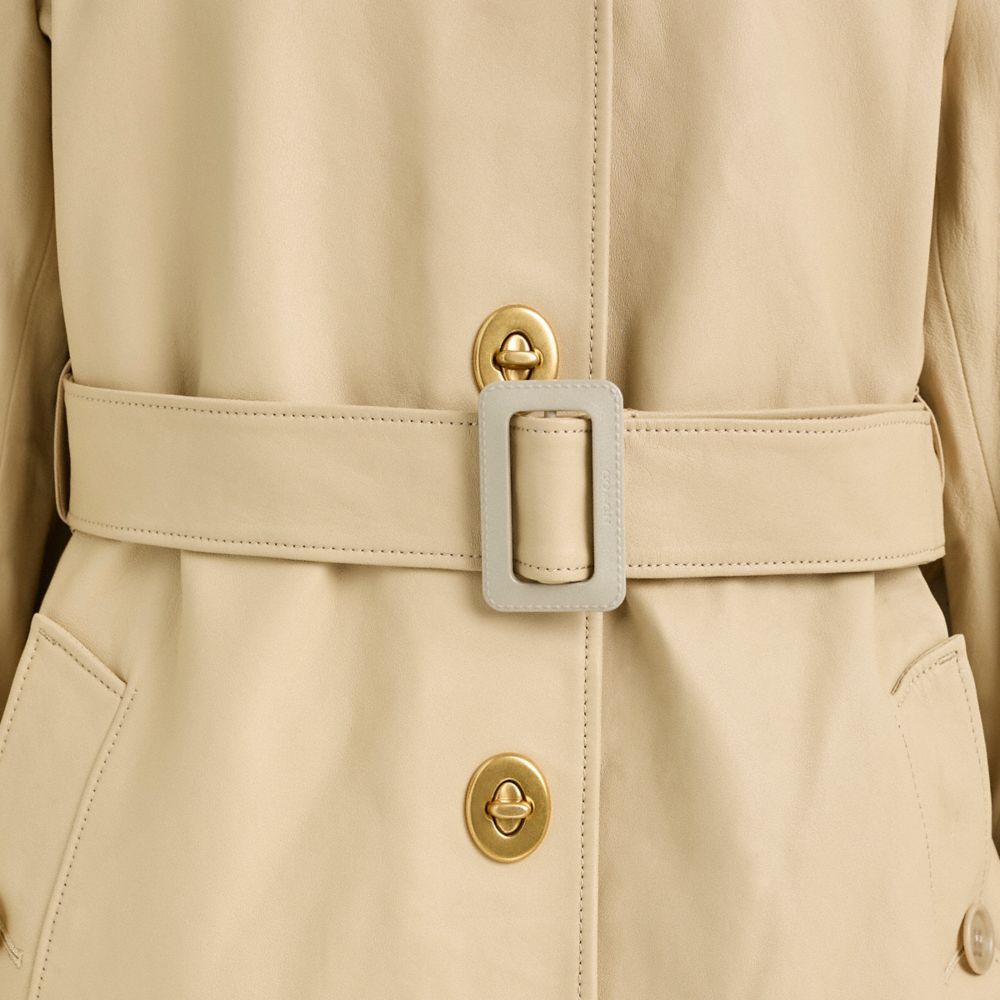COACH®,Restored Lightweight Leather Trench Coat,Cotton,Leather,Overcoat,Button,Work,Beige,Scale View