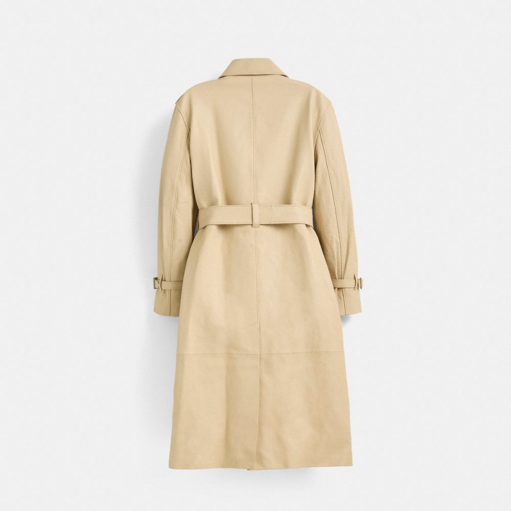 COACH®,Restored Lightweight Leather Trench Coat,Cotton,Leather,Overcoat,Button,Work,Beige,Back View