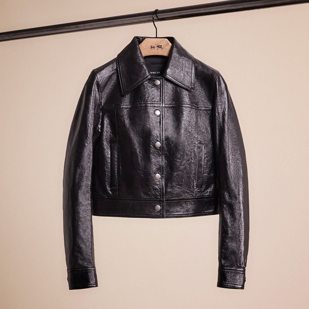 COACH®,RESTORED PATENT LEATHER JACKET,Black,Front View