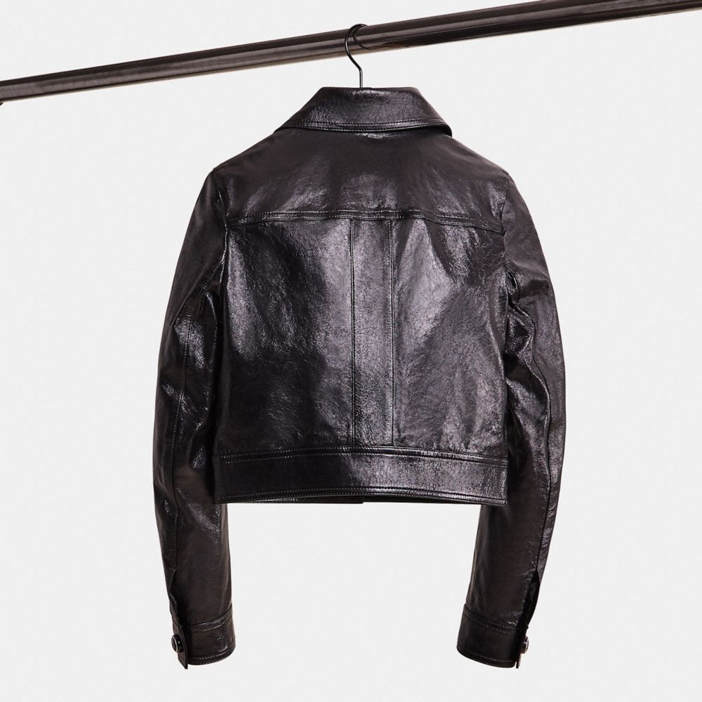 COACH®,Restored Patent Leather Jacket,Leather,Polyester,Viscose,Leather,Work,Black,Back View