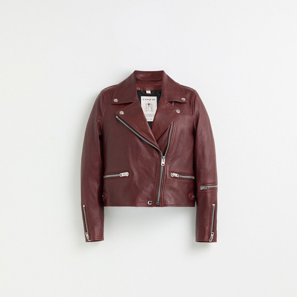 COACH®,RESTORED BIKER JACKET,Lamb leather,Russet,Front View