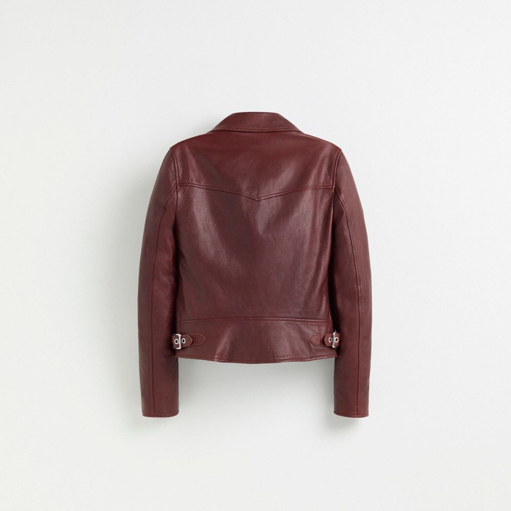 COACH®,Restored Biker Jacket,Leather,Polyester,Moto,Leather,Zipper,Day Party,Maroon,Back View