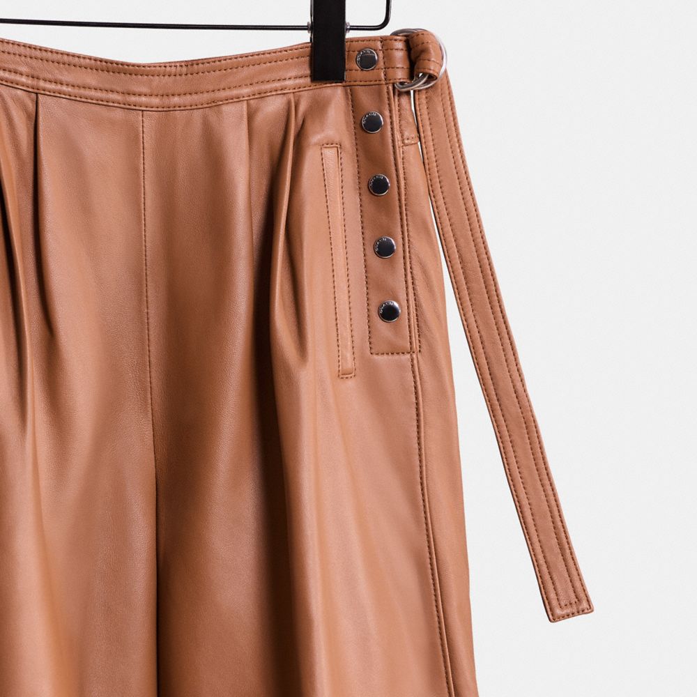 COACH®,Restored Leather Culottes,Polyester,Spandex,Leather,Culotte,Wide Leg,Pleats,Day Party,Brown,Scale View