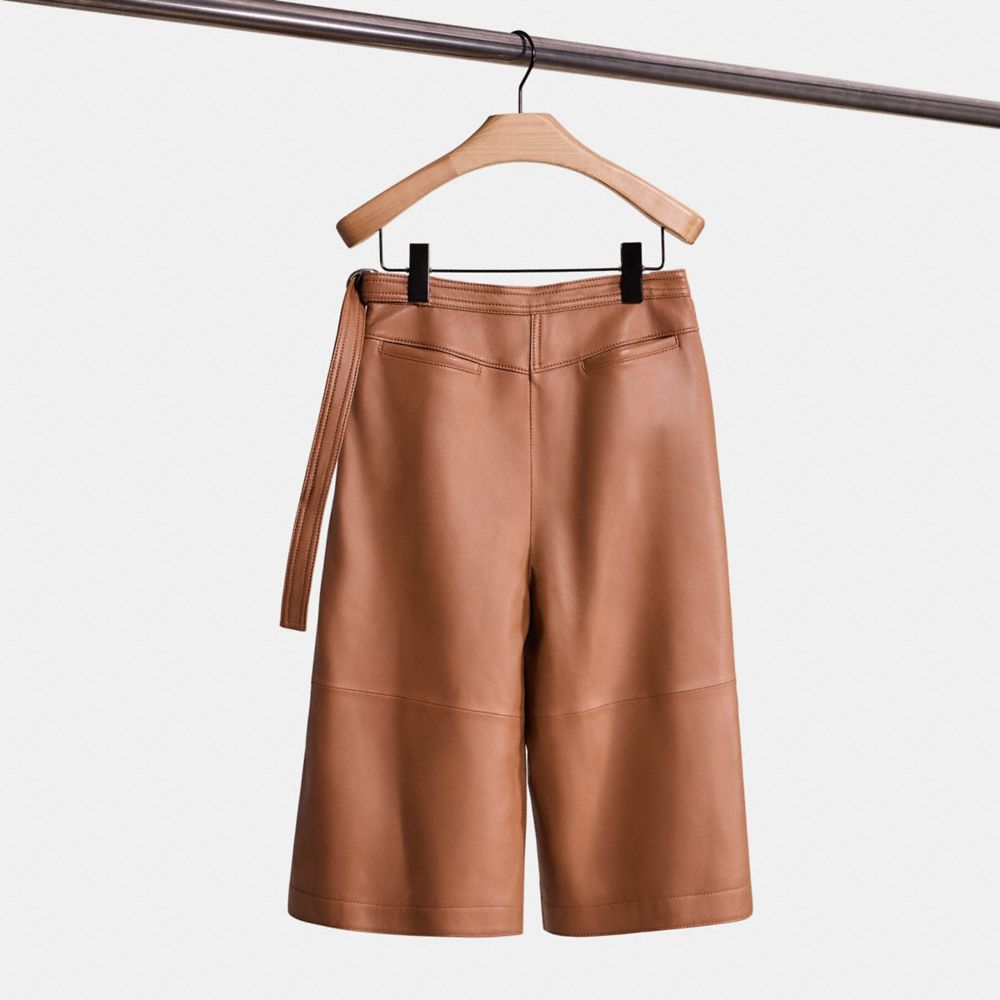 COACH®,Restored Leather Culottes,Leather,Spandex,Polyester,Culotte,Wide Leg,Pleats,Day Party,Brown,Back View