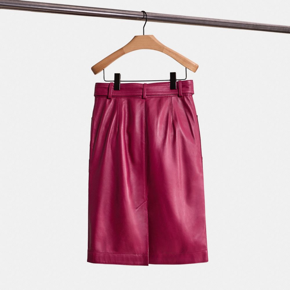 COACH®,Restored Belted Leather Skirt,Polyester,Straight,Belt,Cocktail,Fuchsia,Back View