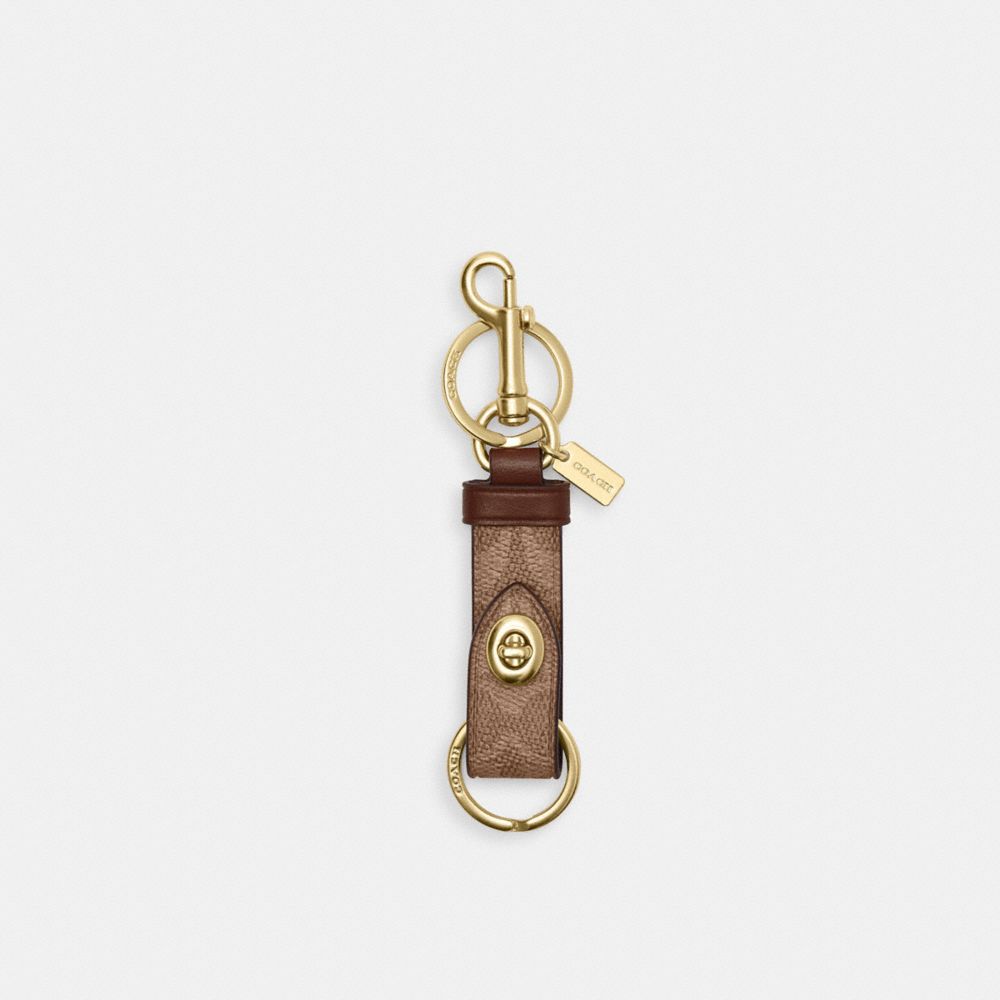 COACH®,Trigger Snap Bag Charm In Signature Canvas,Canvas,Bag Charm,Logo,Metal,Casual,Brown,Front View