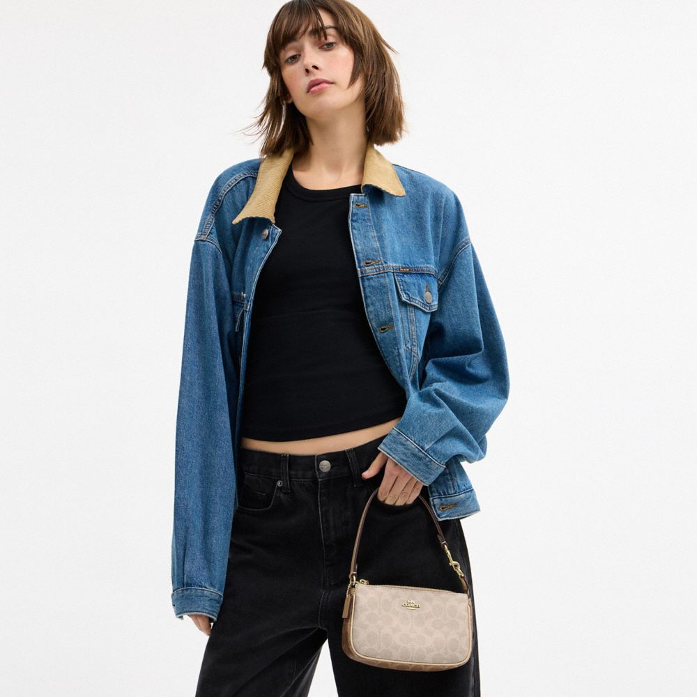 COACH®,Nolita 19 In Blocked Signature Canvas,Shoulder Bag,Logo,Casual,Beige,Detail View