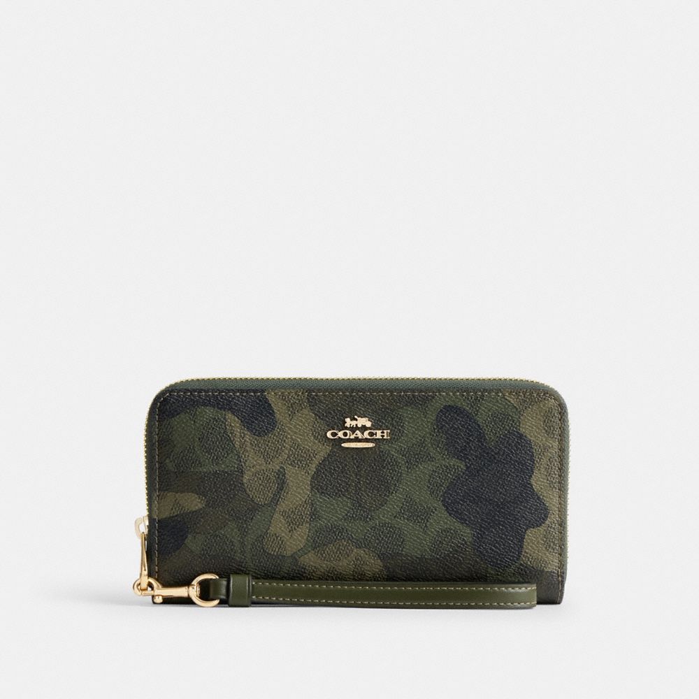 COACH®,PORTEFEUILLE LONG À ZIP-CONTOUR EN TOILE SIGNATURE AVEC IMPRIMÉ CAMOUFLAGE,Toile exclusive,Or/Cyprès foncé multi,Front View