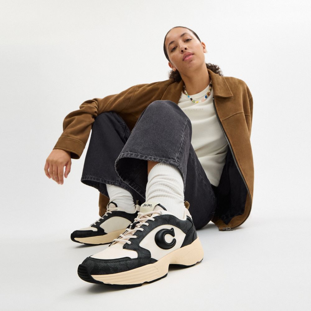 COACH®,Strider Sneaker In Signature Canvas,Mesh,Rubber,Canvas,Casual,Activewear,Fabric,Perforated,Mixed Media,Stripe,Color...,Multi Color,Detail View