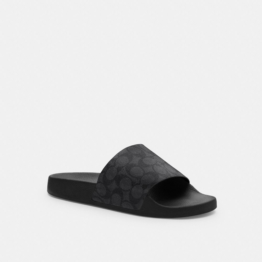 COACH®,Slide In Signature Canvas,Polyester,Rubber,Slides,Fabric,Sustainable,Casual,Pool,Black,Front View