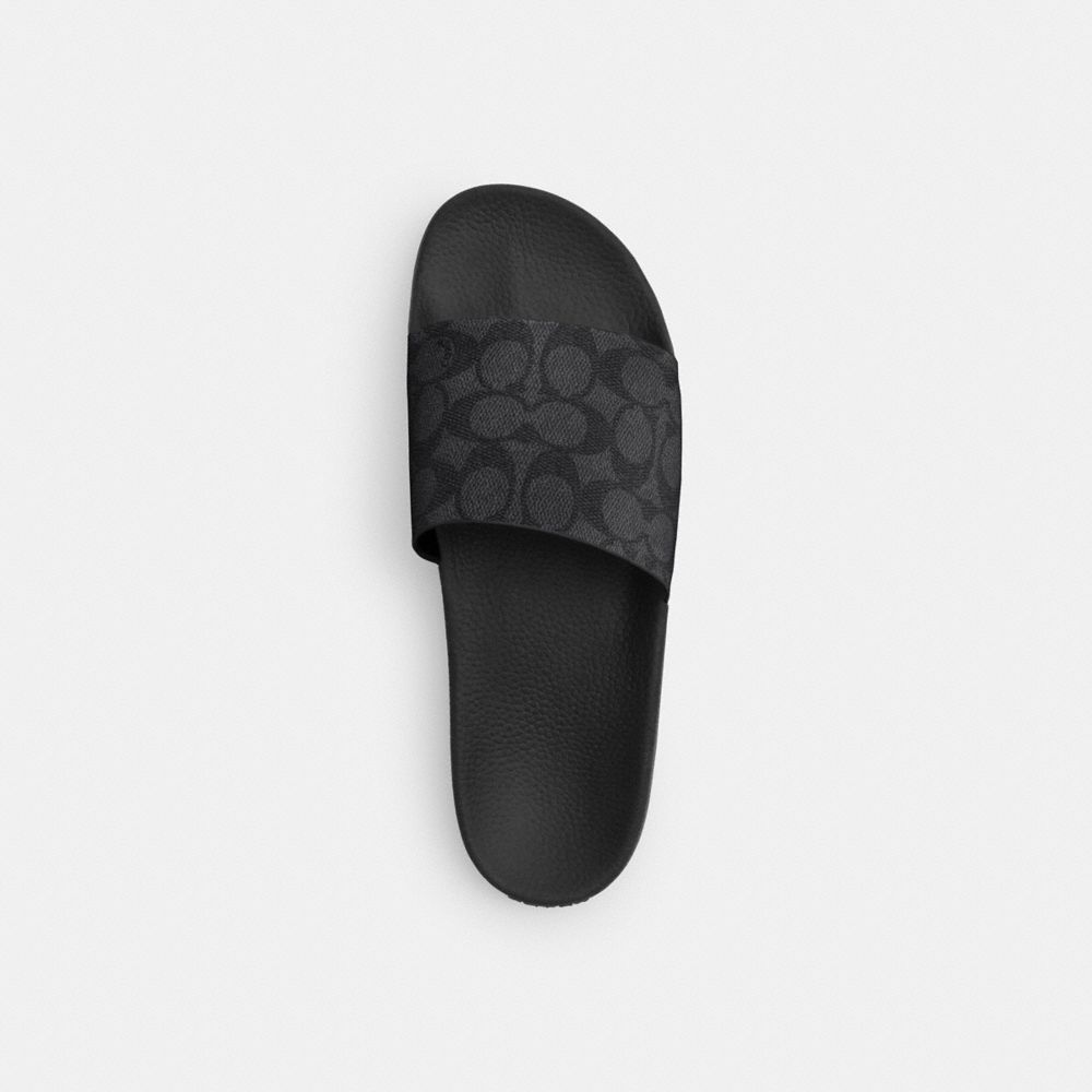 COACH®,Slide In Signature Canvas,Polyester,Rubber,Slides,Fabric,Sustainable,Casual,Pool,Black,Inside View,Top View