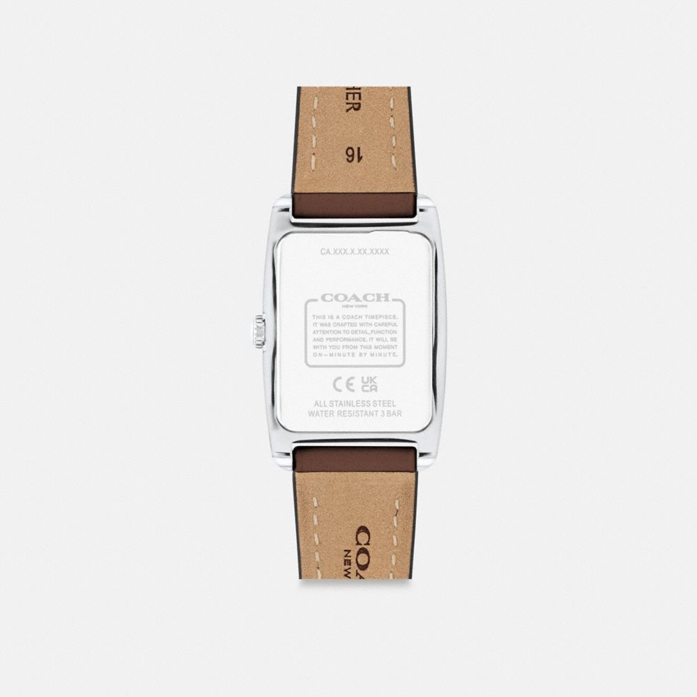 COACH®,Reese Watch, 24 Mm X 35 Mm,Analog,Leather,Crystal,Logo,Word Embellishment,Water Resistant,Stainless Steel,Casual,Brown,Back View