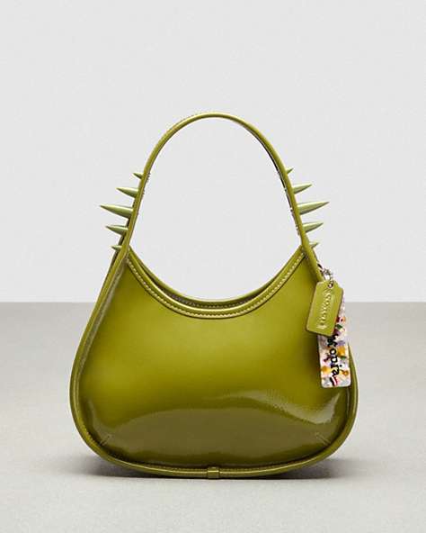 COACH®,Ergo Bag in Crinkle Patent Coachtopia Leather: Spikes,Small,Olive Green,Front View