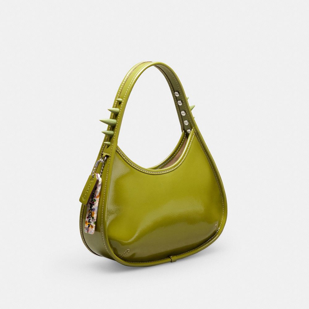 COACH®,Ergo Bag In Crinkle Patent Coachtopia Leather With Spikes,Leather,Recycled Polyester,Shoulder Bag,Studded,Day Party,Green,Angle View